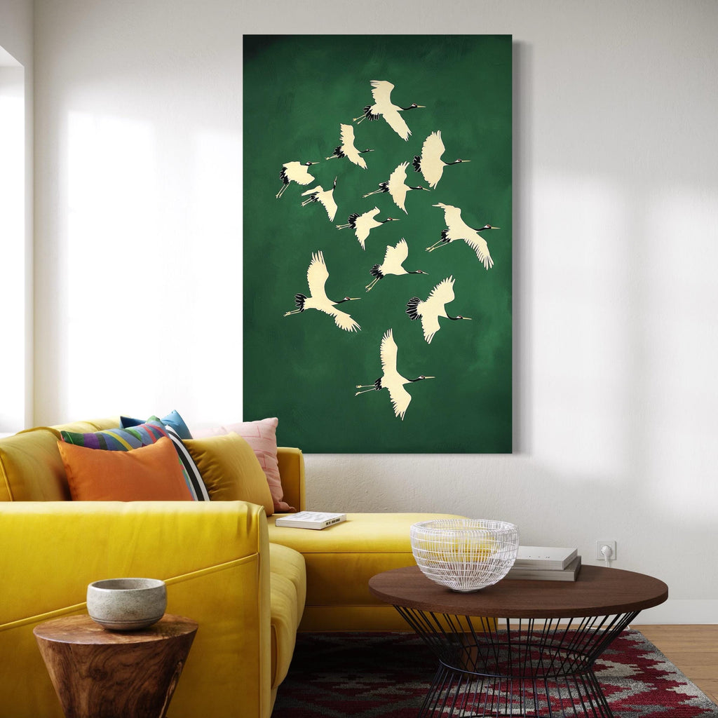 Green and Gold Japanese Wall Art Cranes Japanese Print Emerald Green Decor Birds Maximalist Wall Art Eclectic Decor Large Wall Art