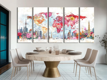 Floral Cityscape World Map Art Canvas Abstract Skyline Painting Colorful Flower Map Print Travel Inspired Home Interior Wall Decor