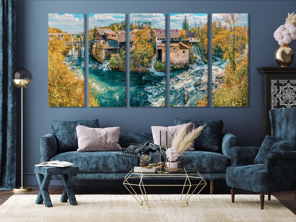 Rastoke Village Canvas Print - Croatia Wall Art, Scenic River and Waterfall Artwork, Large Croatian Landscape Photography, Rustic Autumn Art