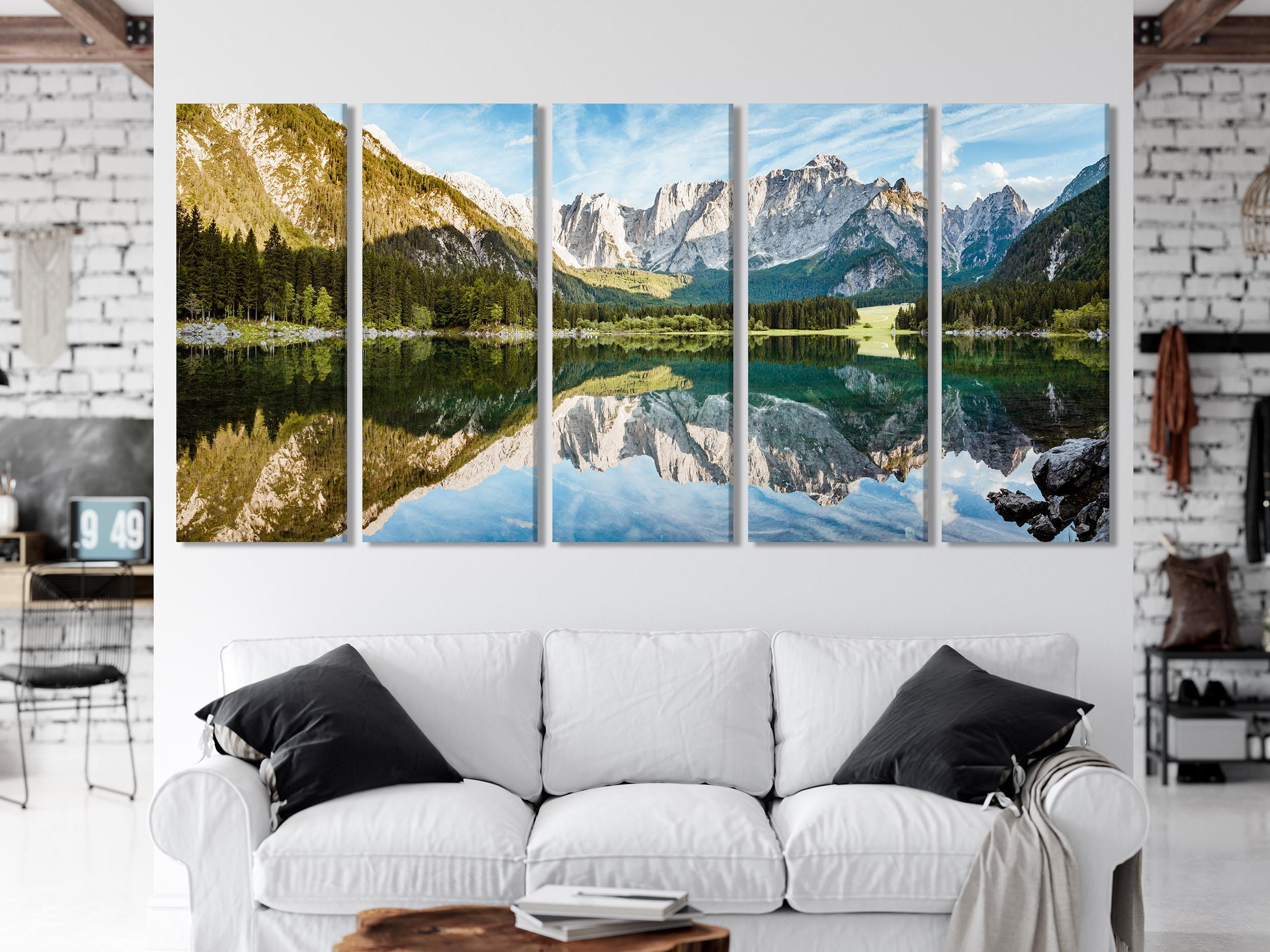 Fusine Lake and Mount Mangart Landscape Wall Art - Large Multi Panel Nature Canvas Print for Bedroom or Living Room Wall Decor