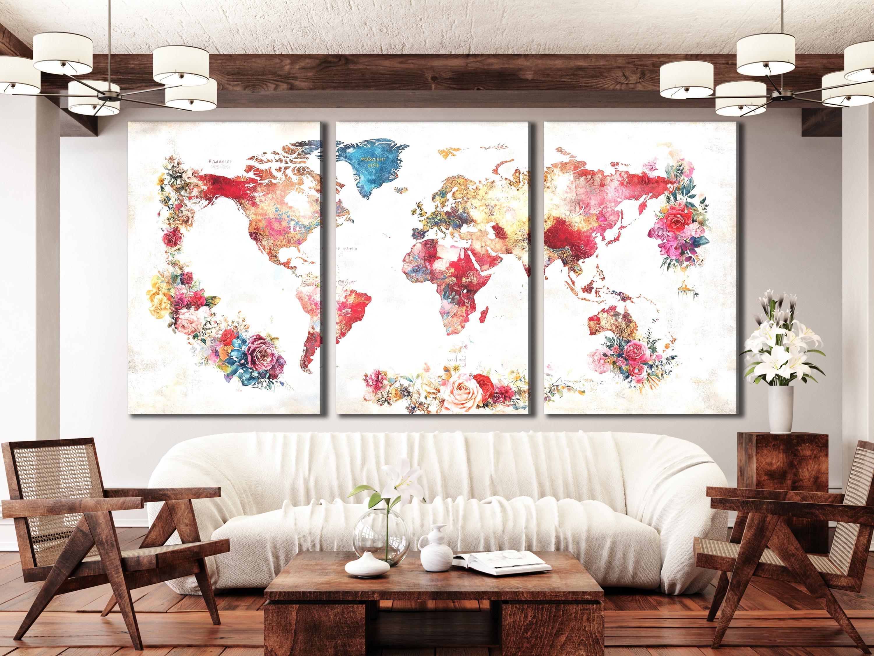 Stampa su tela con mappa del mondo floreale astratta, mappa colorata ad acquerello, arte murale, decorazione da viaggio, decorazione per interni, regalo per gli amanti delle mappe