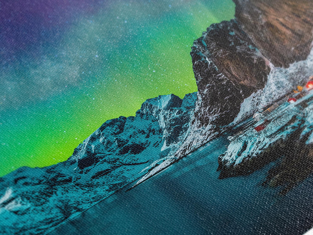 Northern Lights Canvas Print, Arctic Aurora Borealis Over Lofoten, Norwegian Winter Art, Red Cabins and Snowy Mountains, Large Nordic Decor