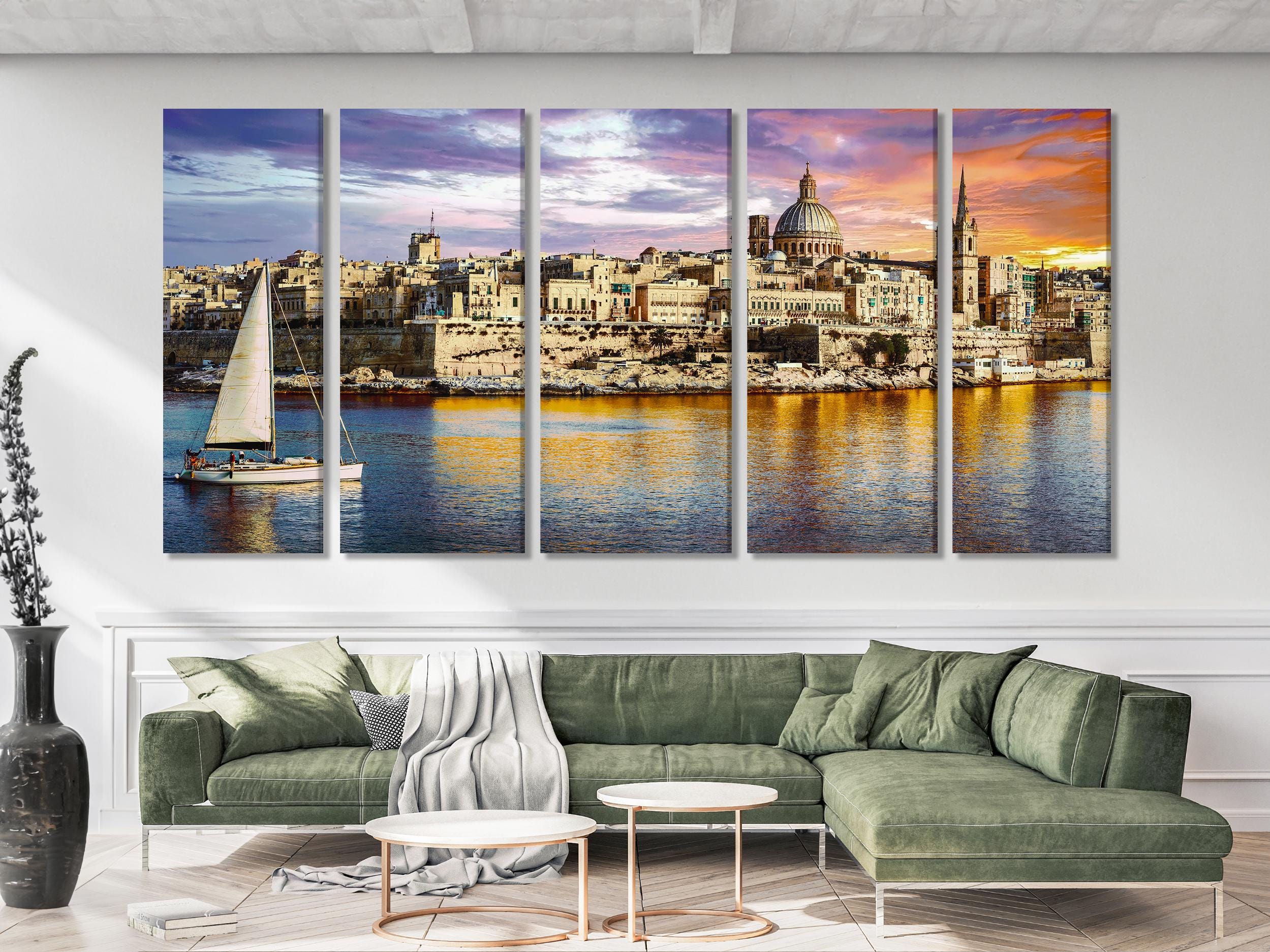 Valletta Malta Canvas Print – Stunning Mediterranean Wall Art, Coastal Cityscape Artwork, Sunset Harbor Scene for Living Room Decor