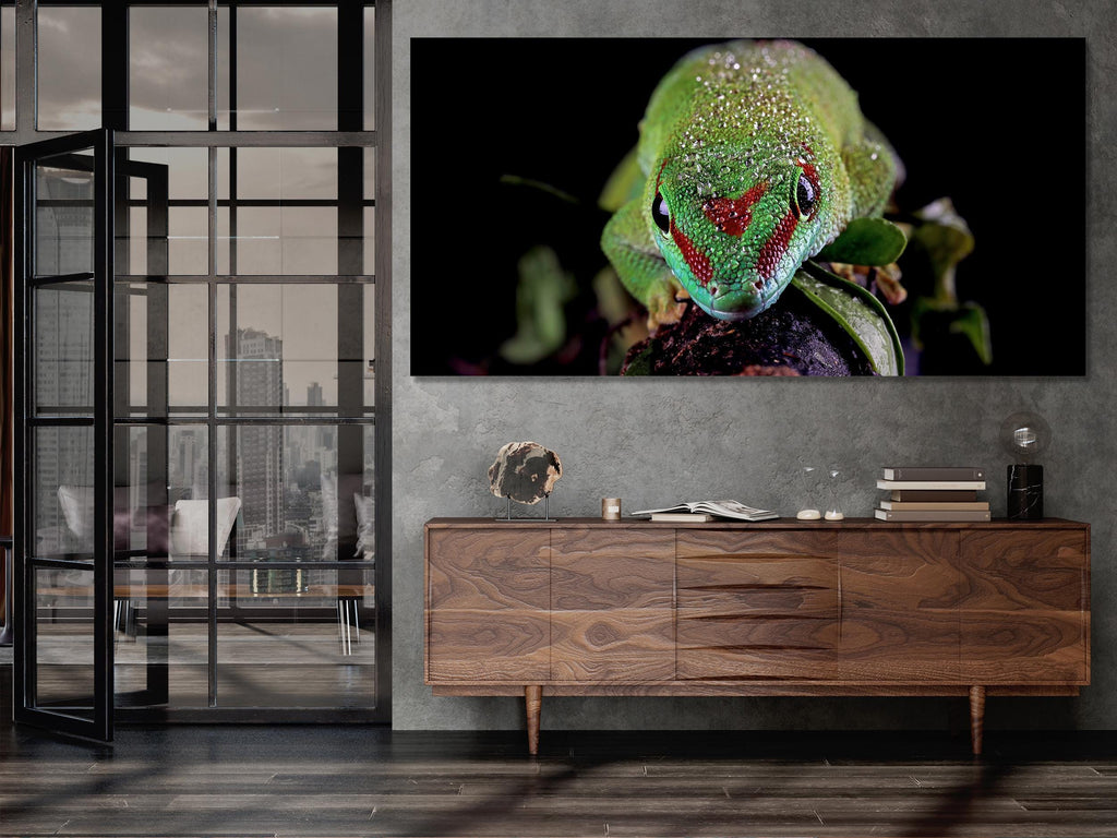 Großer Gecko-Nahaufnahme-Leinwanddruck, Madagascariensis Gecko-Wandkunst, übergroßes exotisches Wildtier-Kunstwerk für moderne Naturdekoration für Tierhandlungen