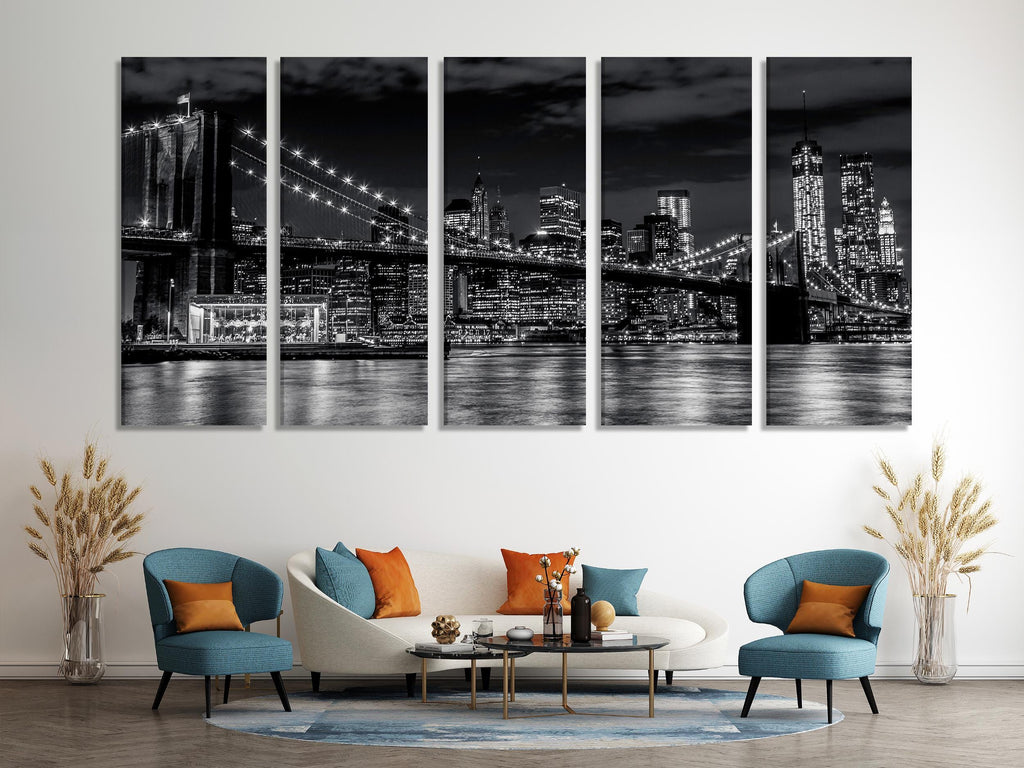 Manhattan Skyline Canvas Art - Brooklyn Bridge Wall Art, Black & White New York Art Print, Extra Large New York Artwork for Modern Office