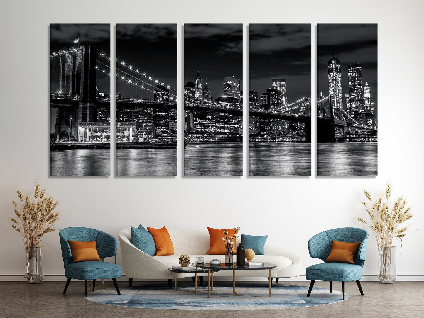 Leinwandbild Skyline von Manhattan – Wandkunst Brooklyn Bridge, Schwarz-Weiß-Kunstdruck von New York, extra großes Kunstwerk von New York für modernes Büro