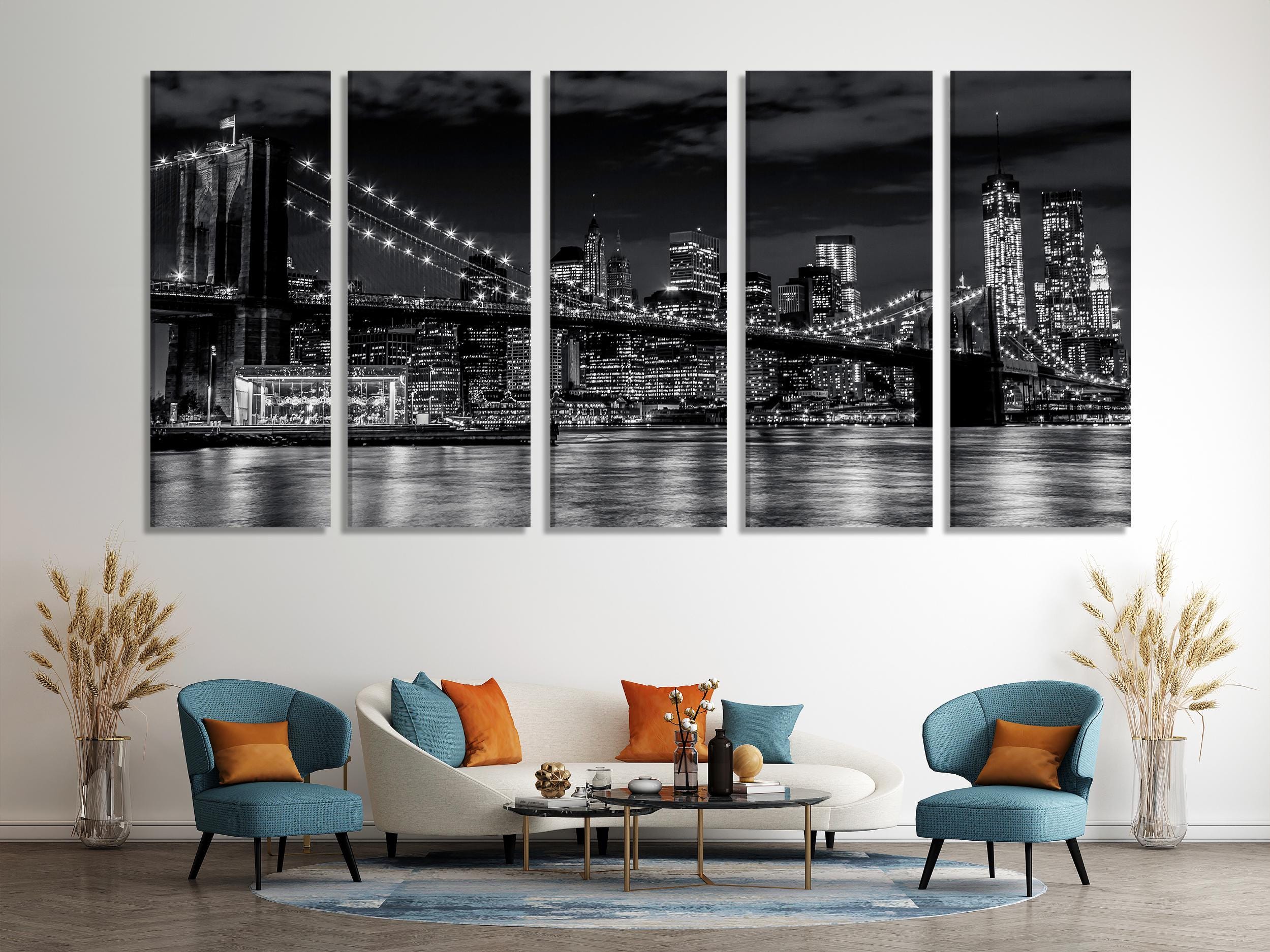 Manhattan Skyline Canvas Art - Brooklyn Bridge Wall Art, Black & White New York Art Print, Extra Large New York Artwork for Modern Office