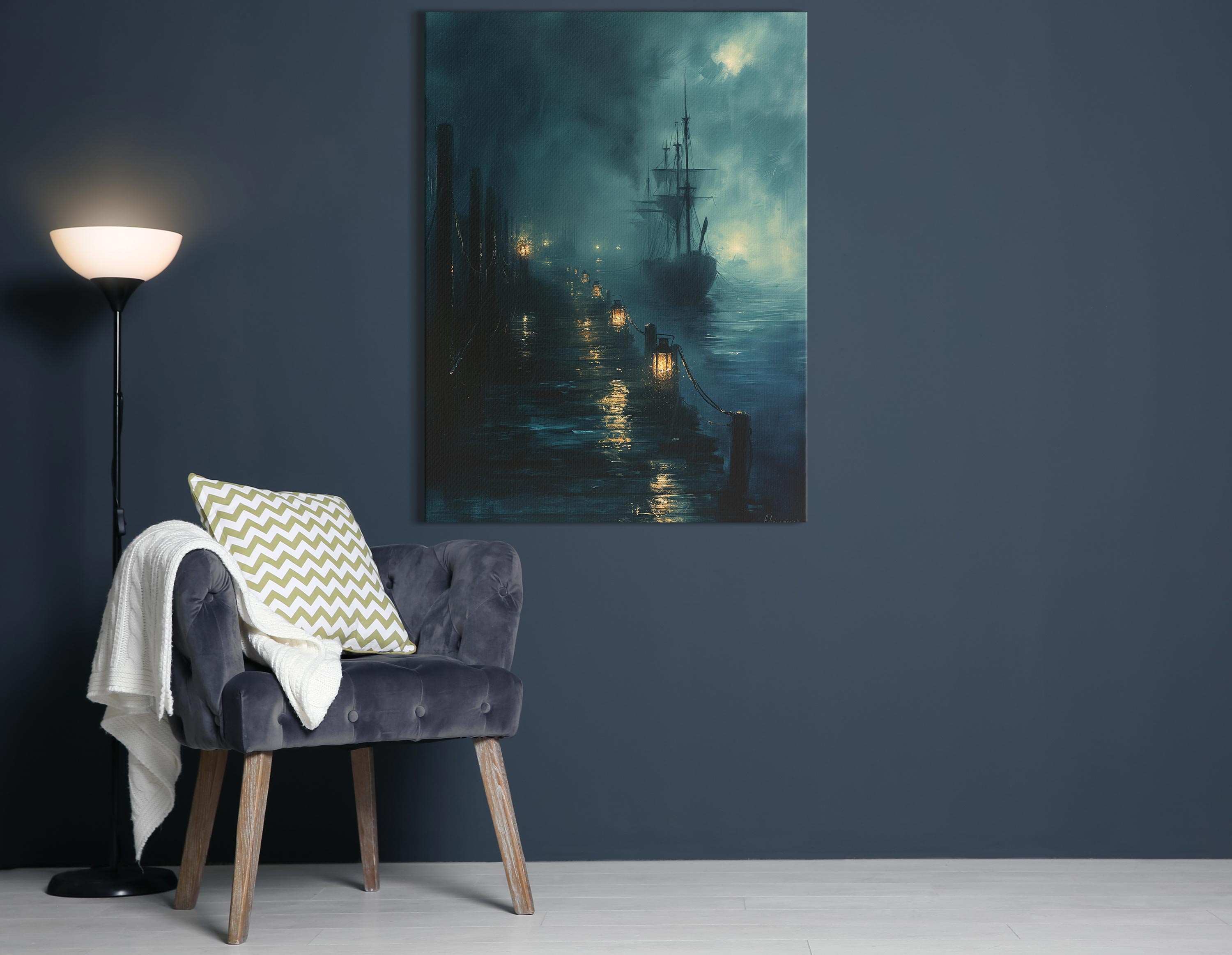 Nocturnal Ship Harbor Wall Hanging