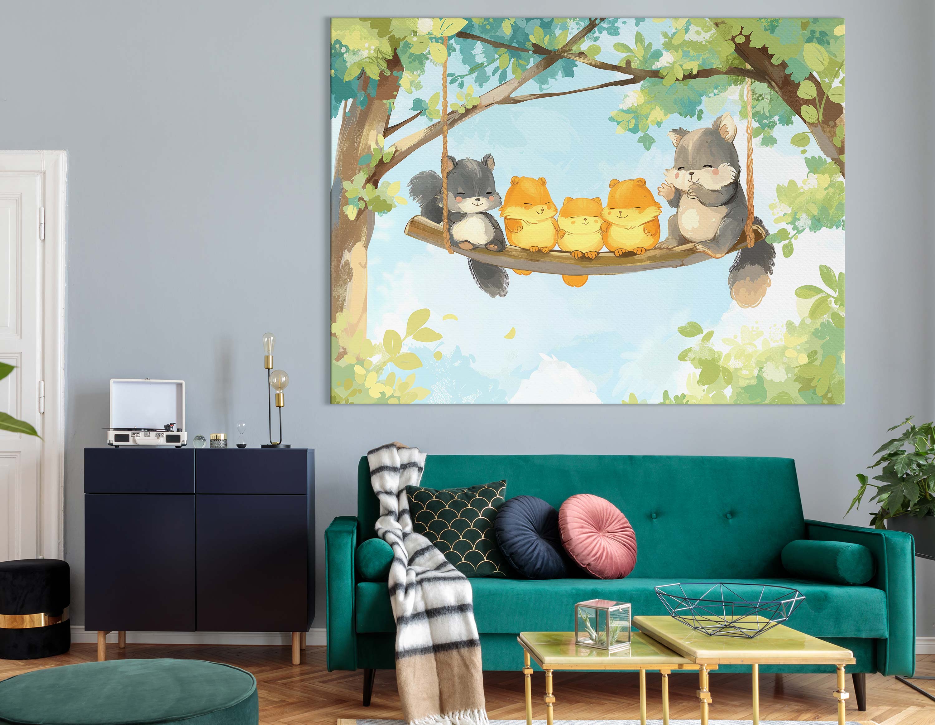 Playful Baby Squirrels on Swing Wall Print