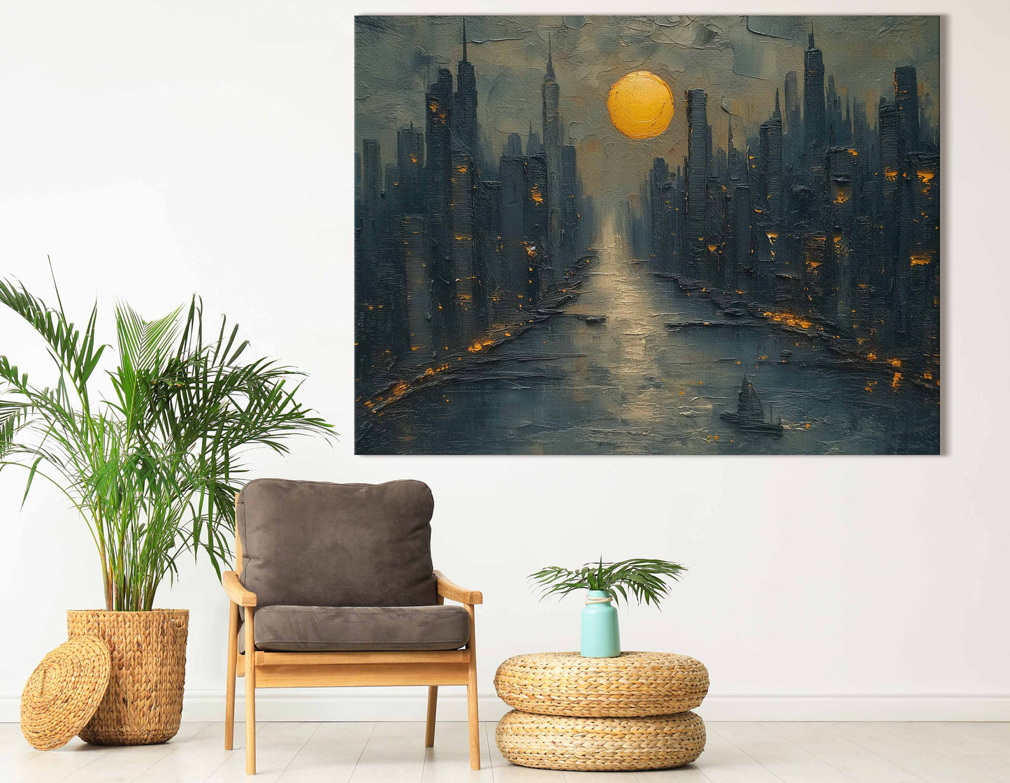 Impasto Style Moonlit City Art Print 