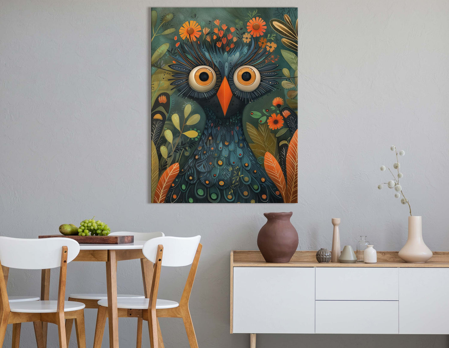 Textured Owl and Flora - Canvas Print