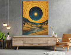 Tourbillon cosmique au-dessus du paysage au bord de la rivière - impression sur toile