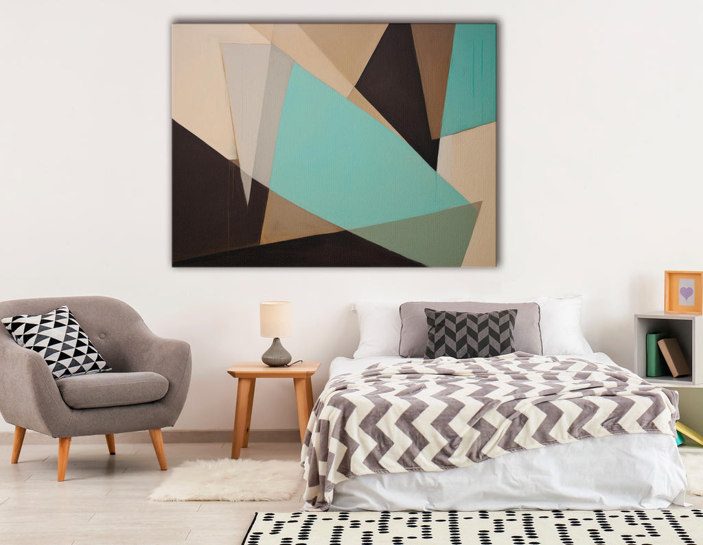Geometric Canvas Wall Art, Abstract Triptych Painting, Minimalist Home Decor, Extra Large Canvas Print, Teal Beige Black Artwork, Gift Idea