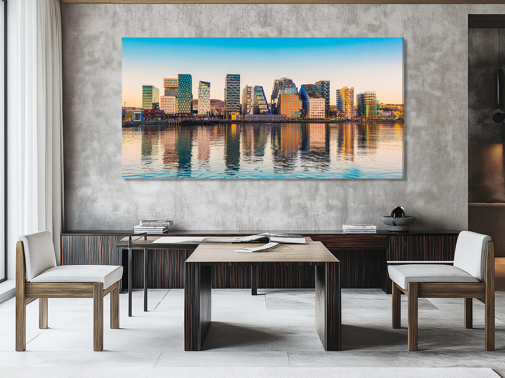 Captivating city skyline wall art showcasing a Scandinavian-inspired waterfront, where sleek modern architecture and golden reflections create a standout display.
