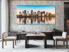 Captivating city skyline wall art showcasing a Scandinavian-inspired waterfront, where sleek modern architecture and golden reflections create a standout display.