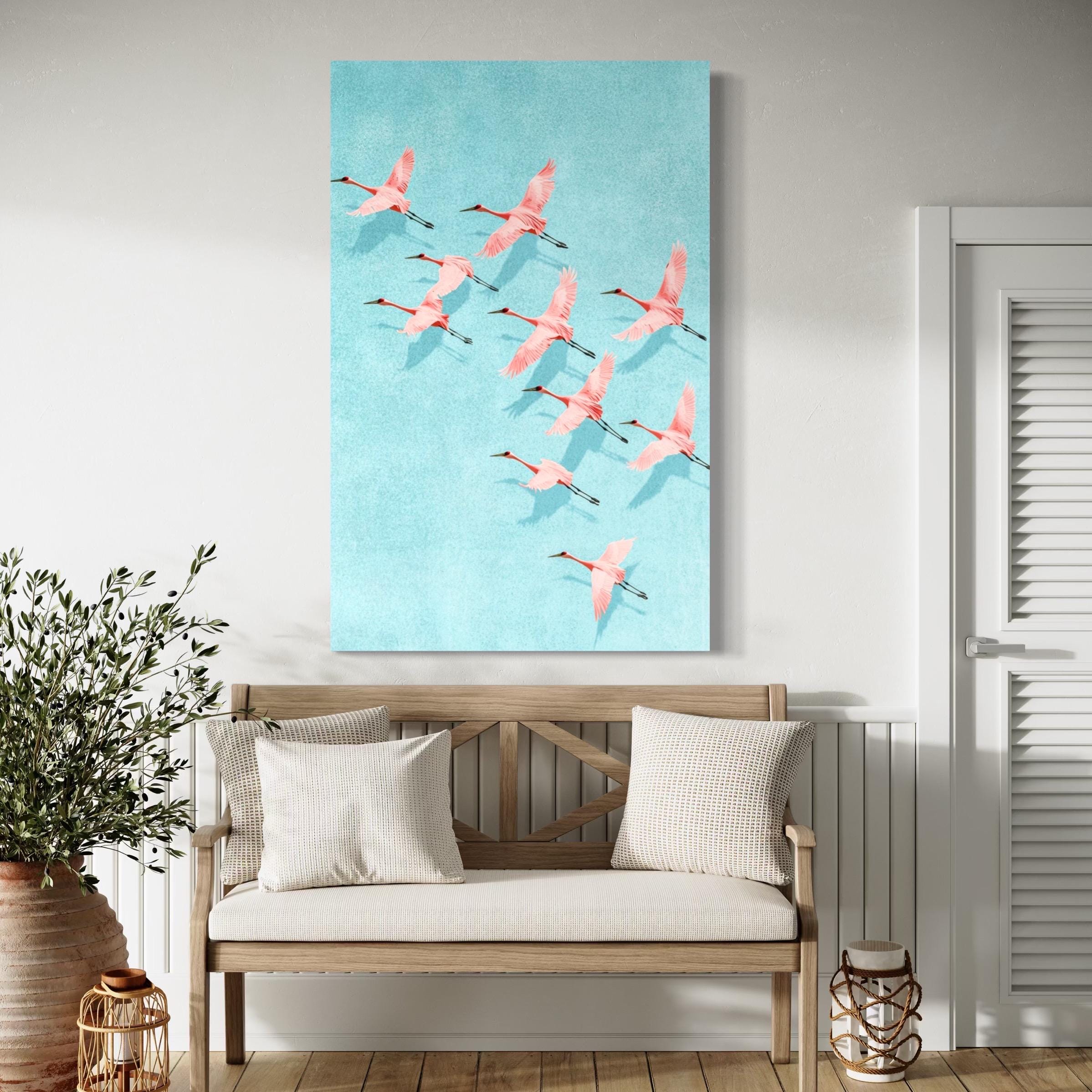 Pink Cranes Wall Art - Coastal Wall Decor, Wildlife Art for Home or Office Decor, Minimalist Style Wall Art, Light Blue Painting Wall Decor