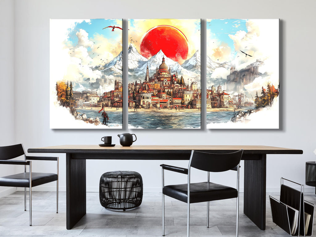 Impresión en lienzo de ciudad medieval, paisaje urbano de fantasía, arte mural, pintura de montaña majestuosa, sol rojo escénico, obra de arte, paisaje abstracto, decoración
