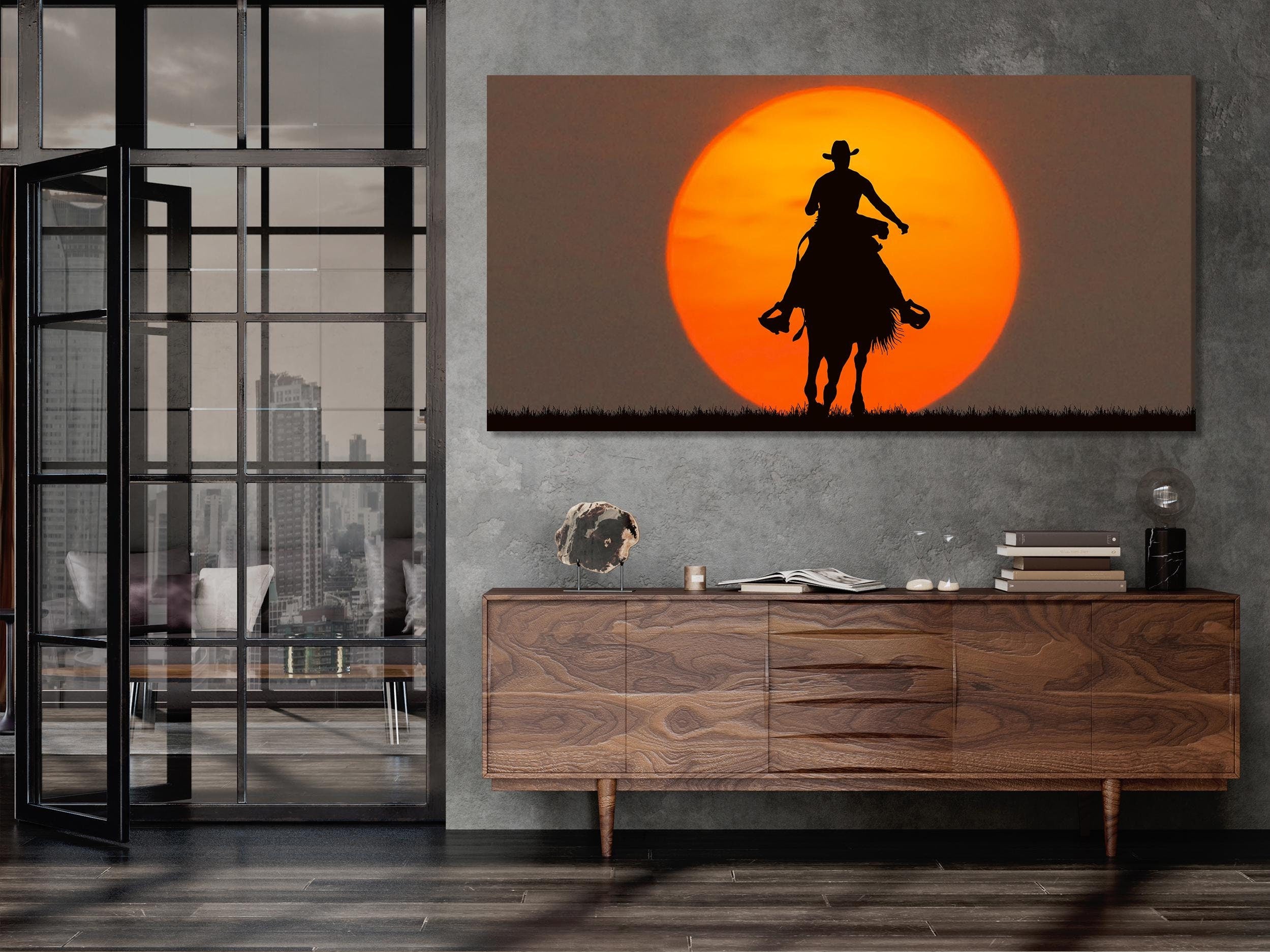 Cowboy Wall Art – Western Wall Decor, Cowboy Horseback Scene, Western American Fine Art Decor for Contemporary Living Room or Office Decor