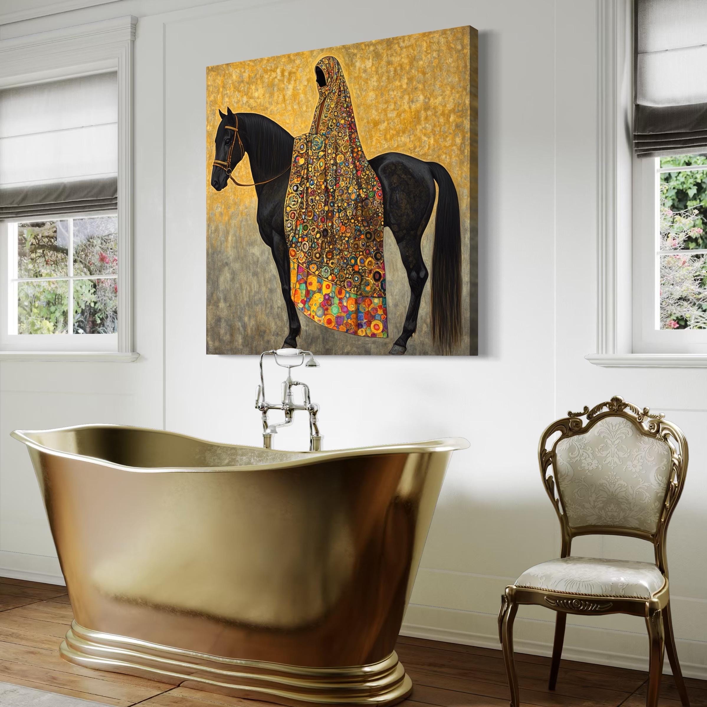 Arabic Wall Art - Black Stallion Canvas Art, Middle Eastern Woman Painting, Luxury Arab Horse Decor, Gold Islamic Artwork, Horse Wall Art