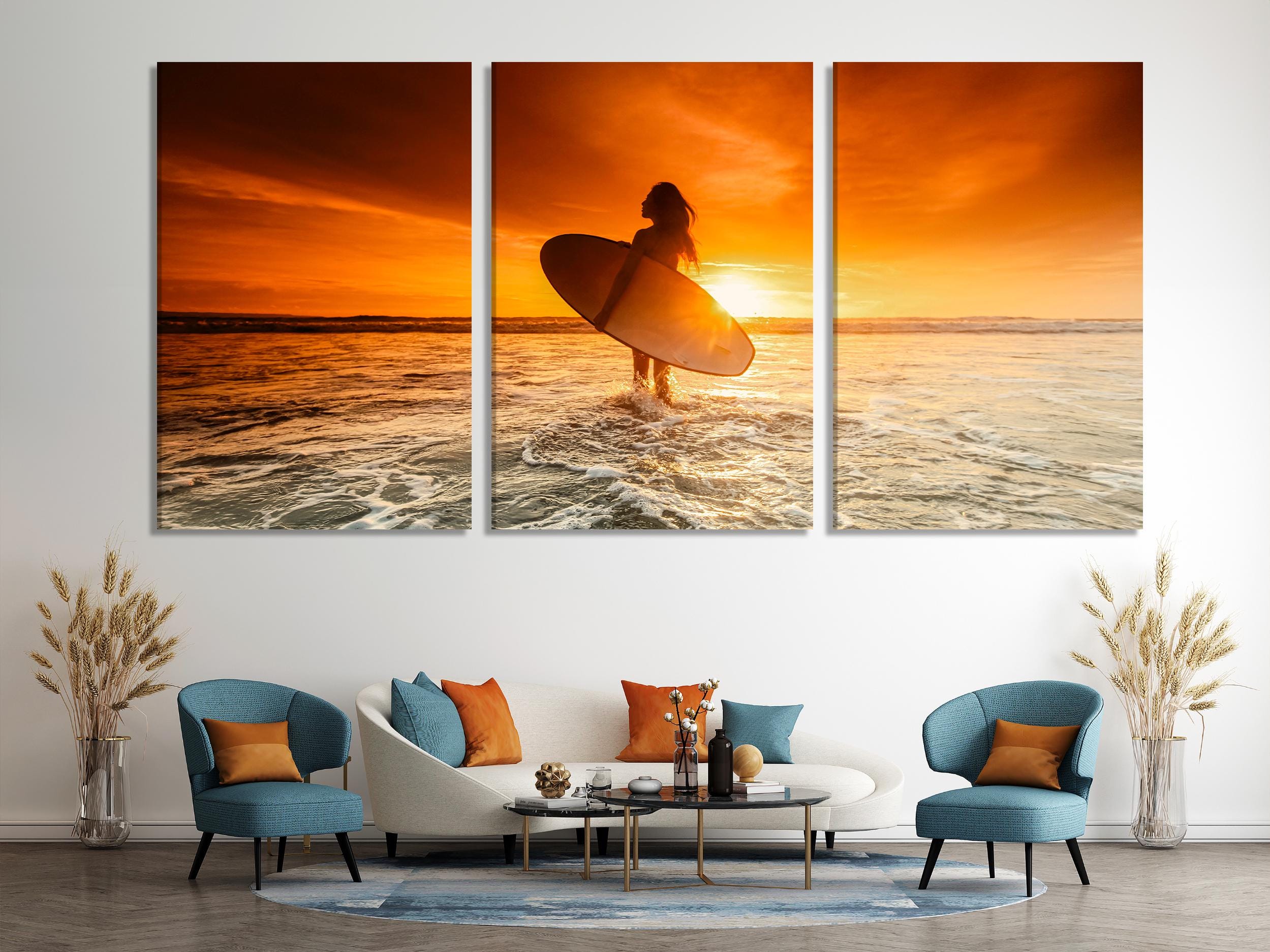Sunset Surfer Canvas Print, Golden Ocean Waves Wall Art, Large Beach Adventure Artwork, Vibrant Surfing Artwork for Coastal Decor Gift Idea