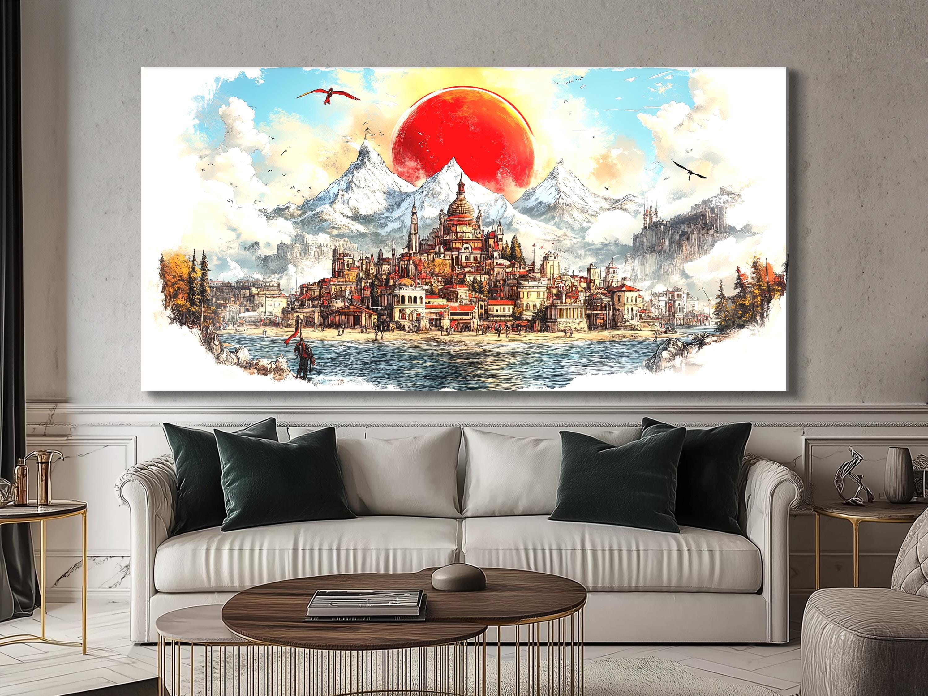Abstract Fantasy Wall Art Majestic Mountain Cityscape Canvas Medieval Town Painting Scenic Red Sun Decor Epic Landscape Print