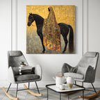 Arabic Wall Art - Black Stallion Canvas Art, Middle Eastern Woman Painting, Luxury Arab Horse Decor, Gold Islamic Artwork, Horse Wall Art