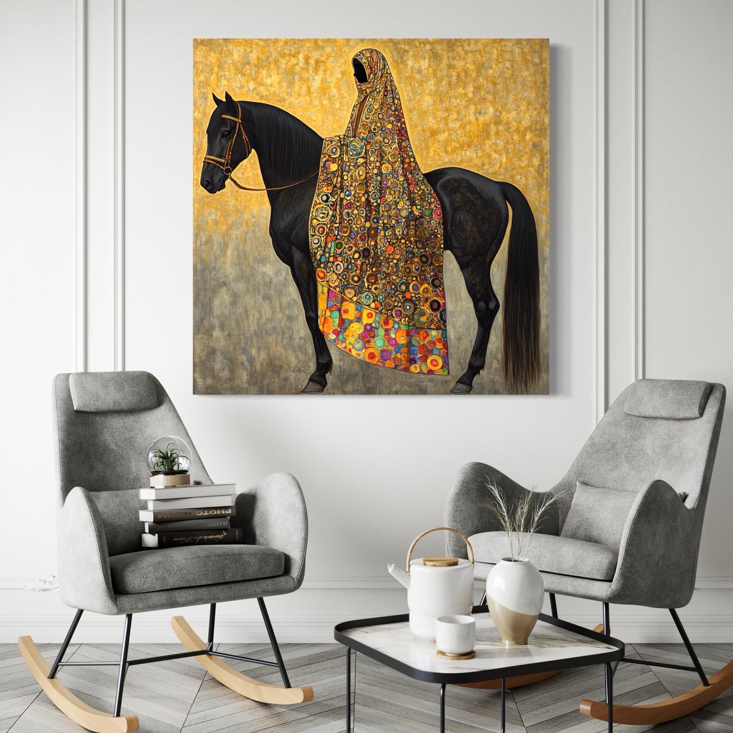 Arabic Wall Art - Black Stallion Canvas Art, Middle Eastern Woman Painting, Luxury Arab Horse Decor, Gold Islamic Artwork, Horse Wall Art