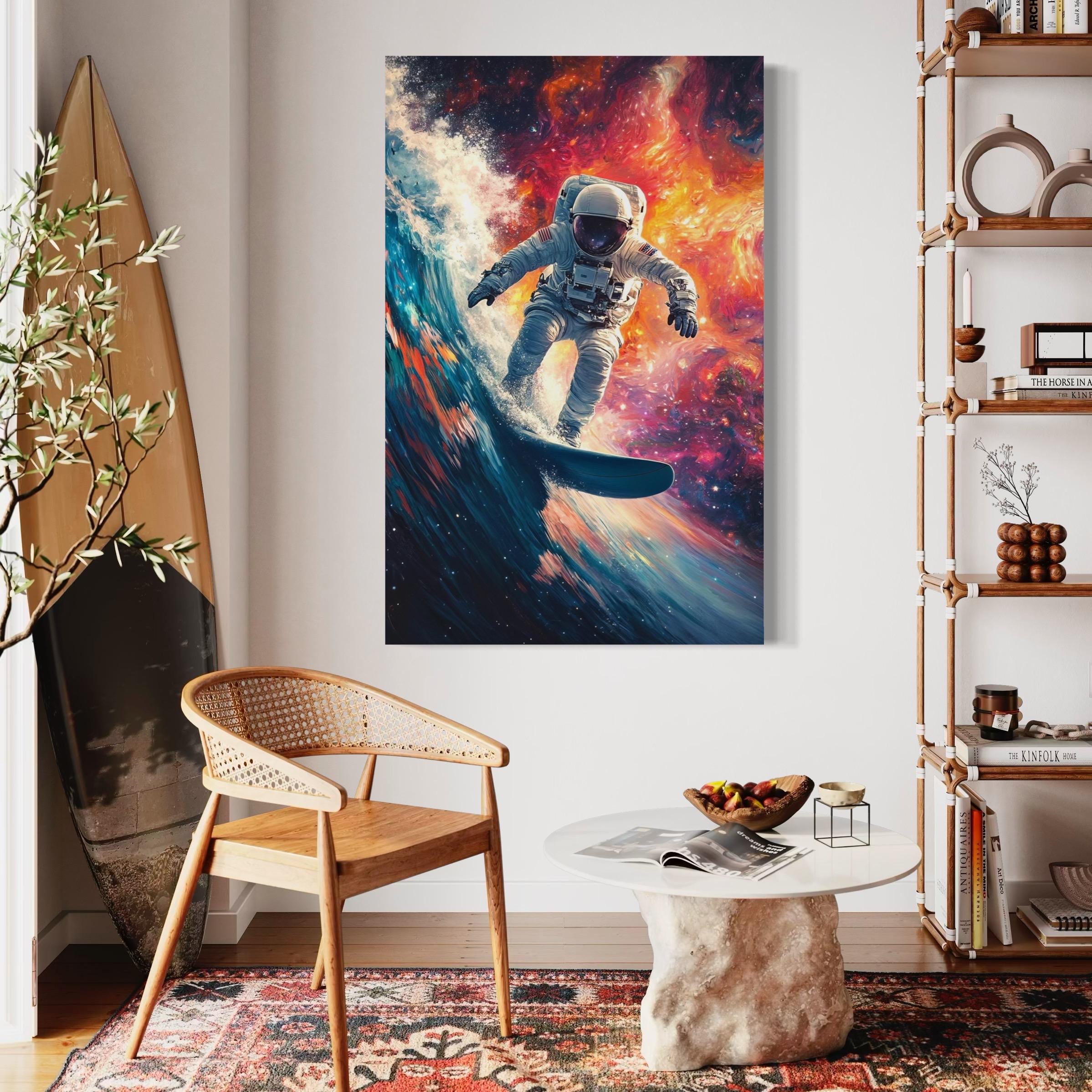 Astronaut Surfing Wall Art - Cosmic Surfer Canvas Print, Wave Surfing Artwork, Space Surfer Decor, Astronaut Art Print, Surfer Gift Idea