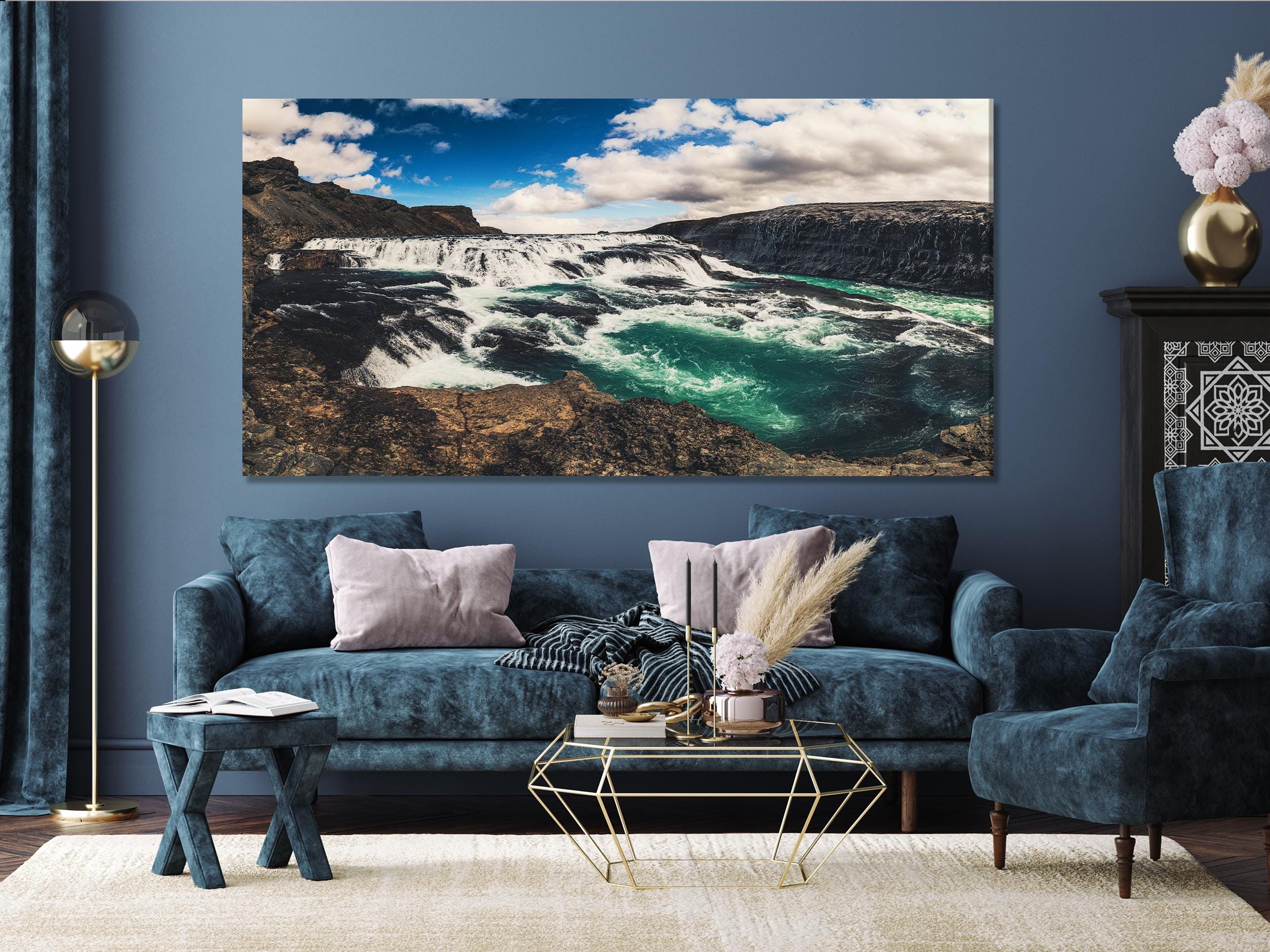 Quadro su tela Gullfoss - Quadro su tela con cascata, stampa artistica con paesaggio islandese, decorazione da parete islandese, quadro su tela con cascata, quadro su tela con cascata Gullfoss