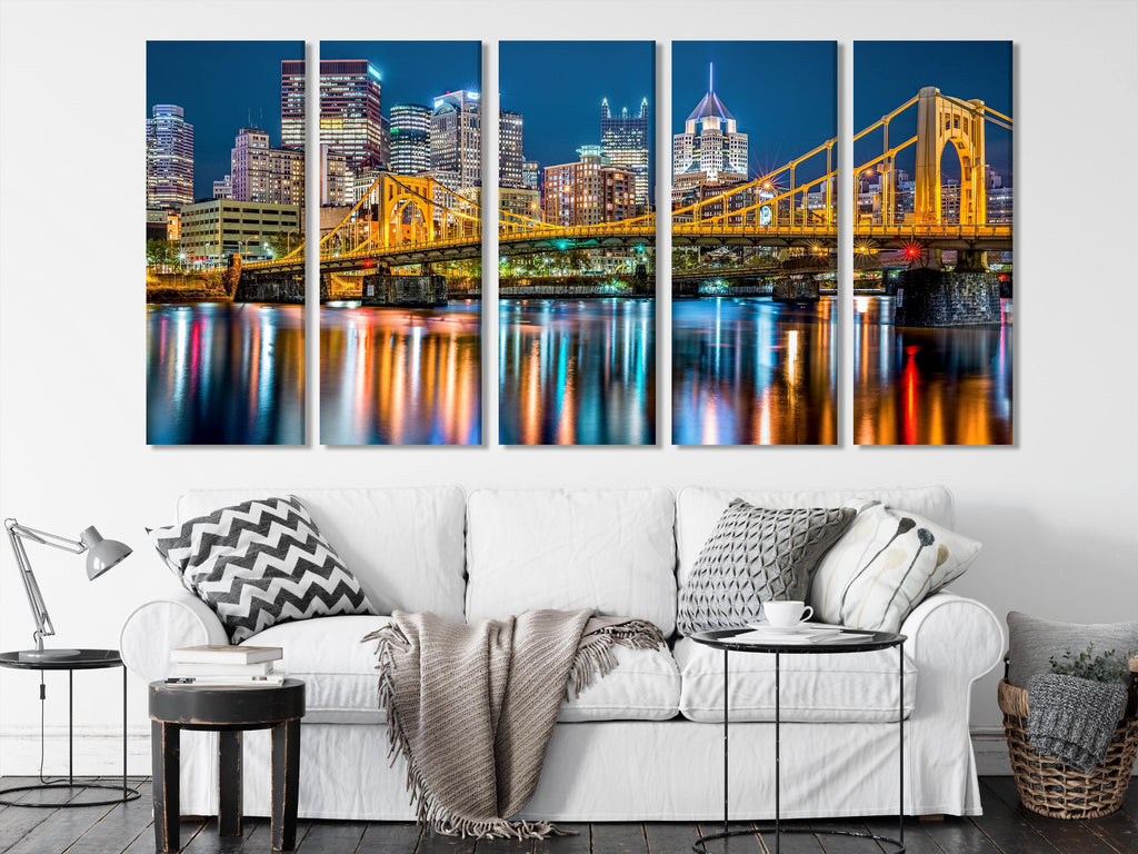 Large Rachel Carson Bridge Canvas Print, Pittsburgh Skyline Wall Art, Night Cityscape Artwork, Allegheny River Canvas for Modern Home Decor