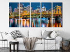 Large Rachel Carson Bridge Canvas Print, Pittsburgh Skyline Wall Art, Night Cityscape Artwork, Allegheny River Canvas for Modern Home Decor