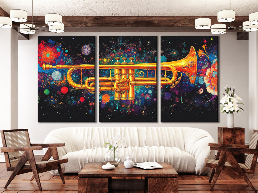 Art mural Trompette - Impression sur toile colorée de jazz, œuvre d'art abstraite d'instrument de musique, cadeau pour musicien, décor de studio, art mural moderne pour salon