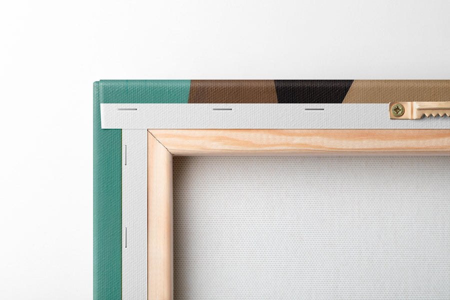 Back of framed canvas with hardware—gallery wrapped detail close-up