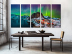 Northern Lights Canvas Print, Arctic Aurora Borealis Over Lofoten, Norwegian Winter Art, Red Cabins and Snowy Mountains, Large Nordic Decor