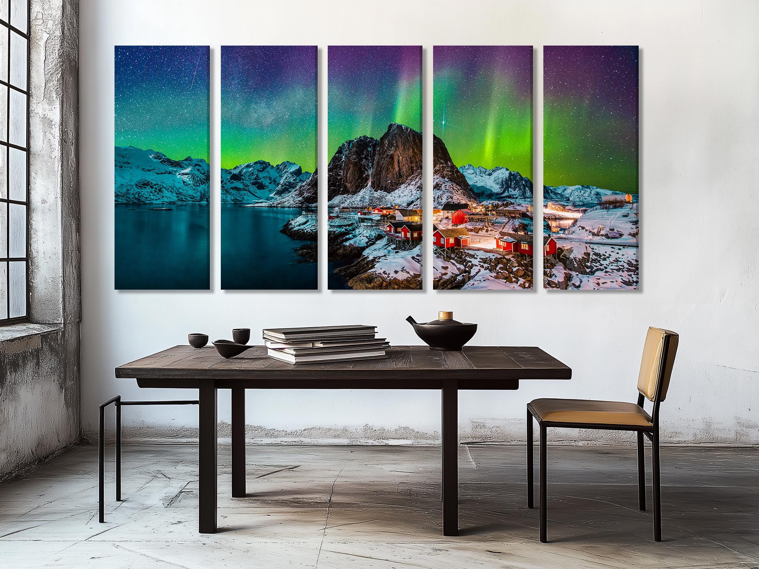Northern Lights Canvas Print, Arctic Aurora Borealis Over Lofoten, Norwegian Winter Art, Red Cabins and Snowy Mountains, Large Nordic Decor