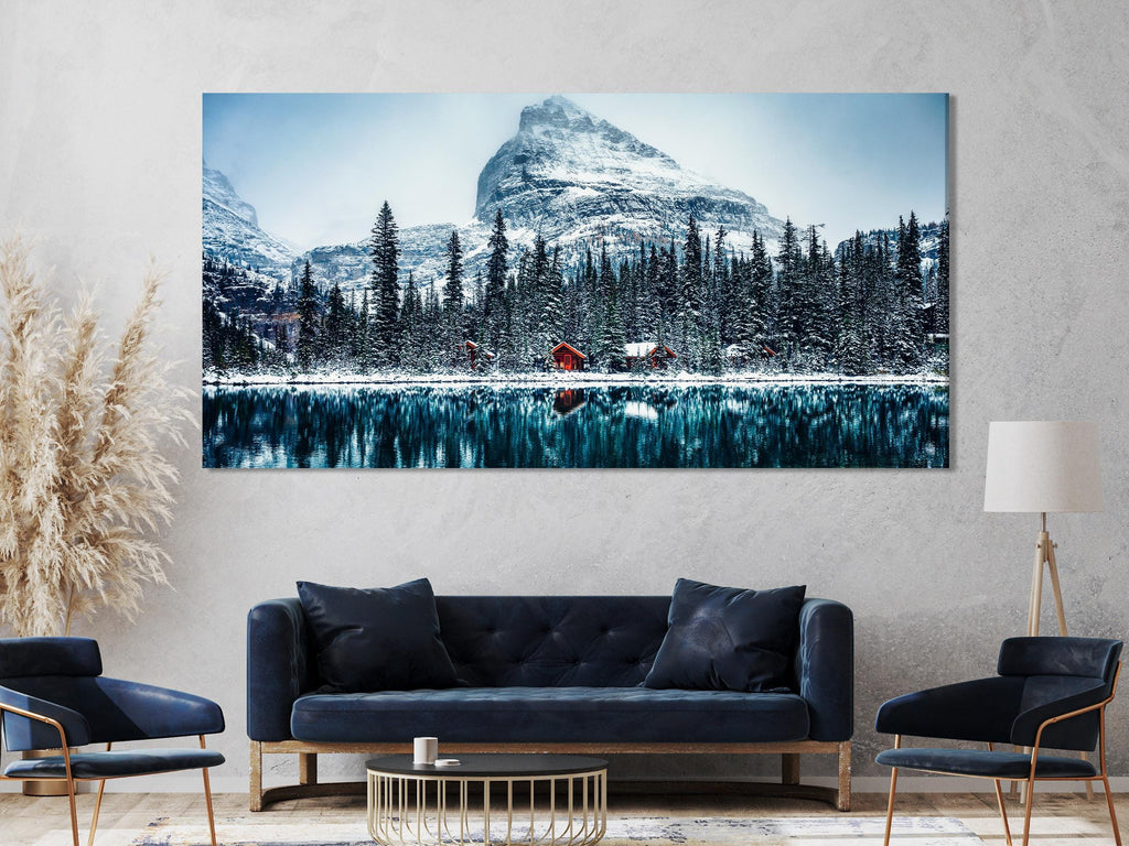 Winter Mountain Canvas Art - Snow Capped Mountain Canvas Print, Snowy Forest and Lake Wall Art, Winter Nature Decor,  Modern Alpine Artwork