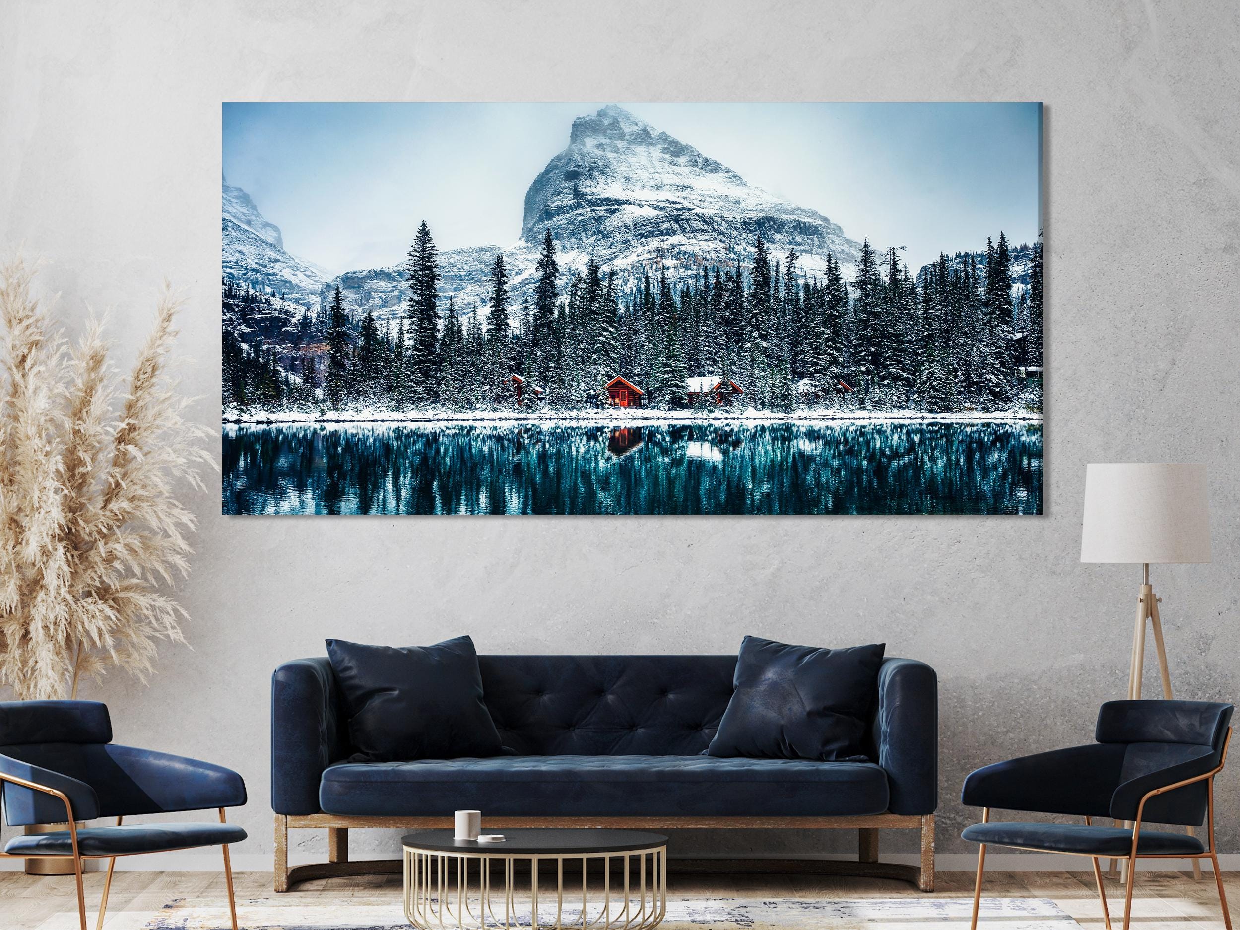 Winter Mountain Canvas Art - Snow Capped Mountain Canvas Print, Snowy Forest and Lake Wall Art, Winter Nature Decor,  Modern Alpine Artwork