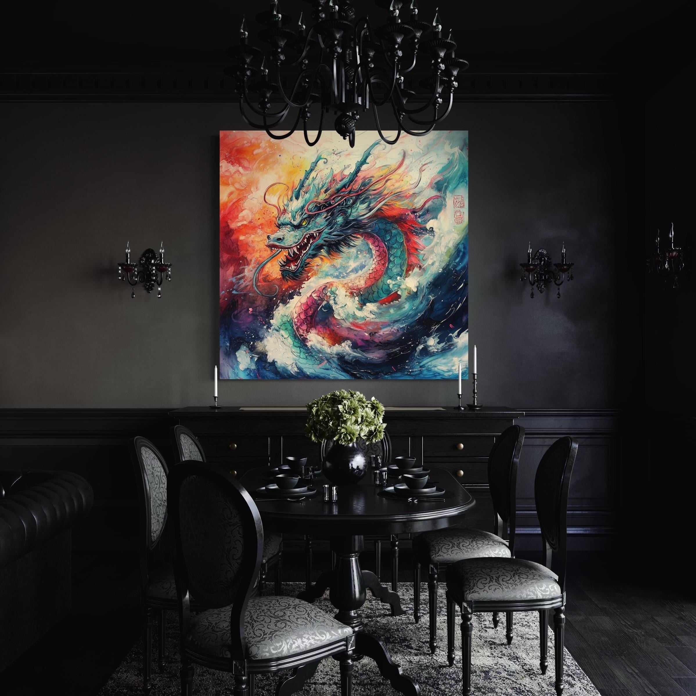 Japanese Dragon Art - Colorful Dragon Canvas Art, Fantasy Wall Art, Abstract Dragon Print, Samurai & Asian Wall Decor, Water Dragon Artwork