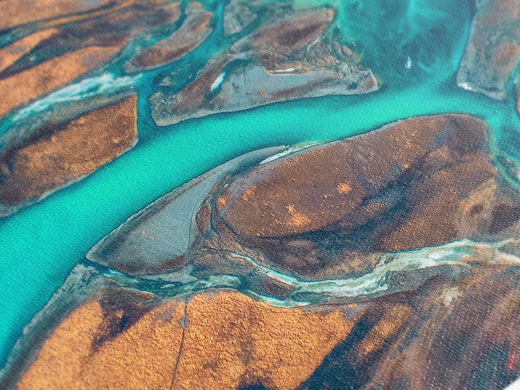Abstract Landscape Wall Art - Iceland River Aerial Canvas Print, Large 5 Panel River Artwork, Turquoise Water Flow, Earth Tones Nature Decor
