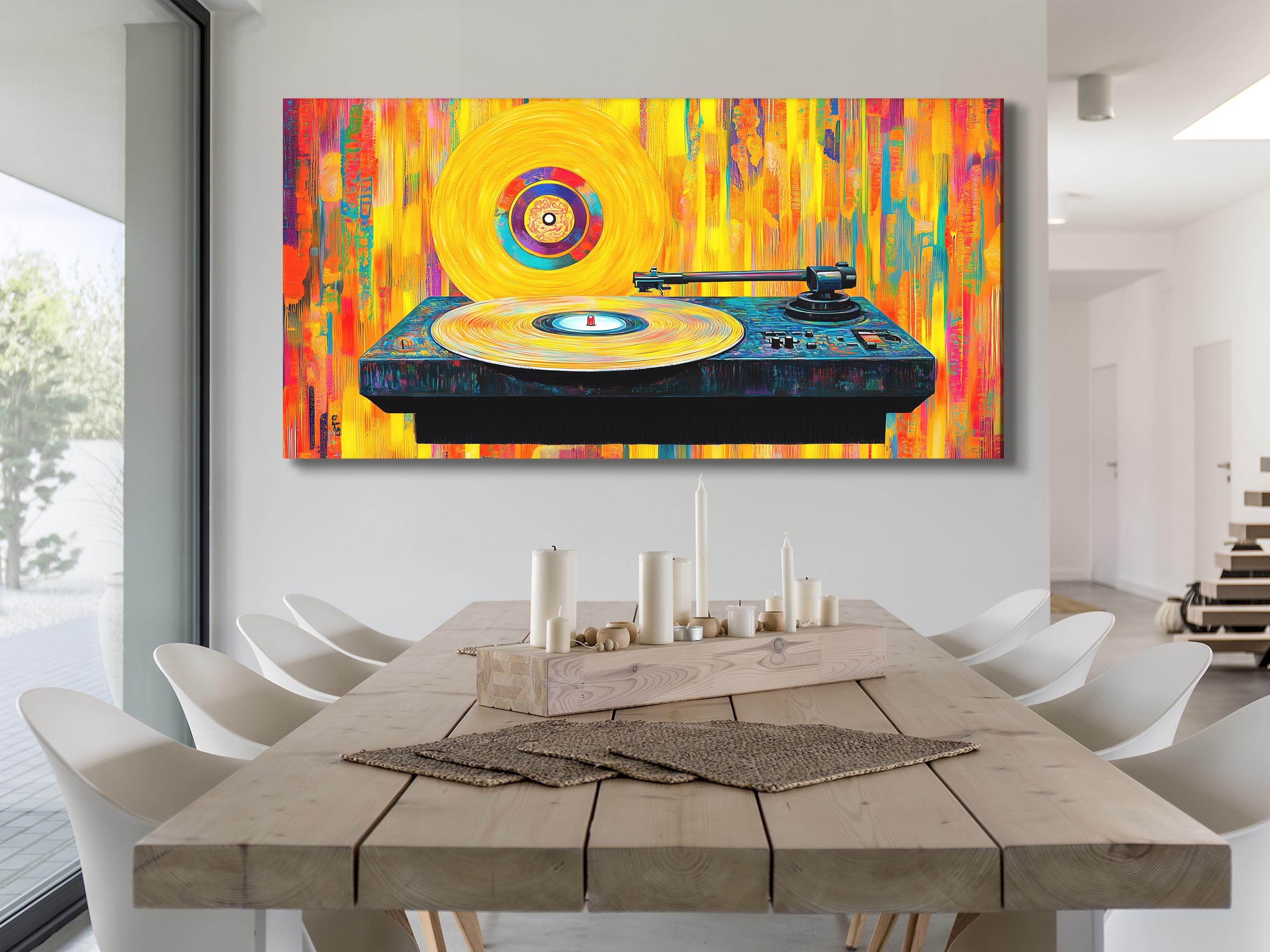 Vinylplaat wandkunst, kleurrijke platenspeler, canvas print, abstracte muziekstudio-inrichting, retro-muzikant cadeau, moderne DJ-kunst, woonkamerkunst