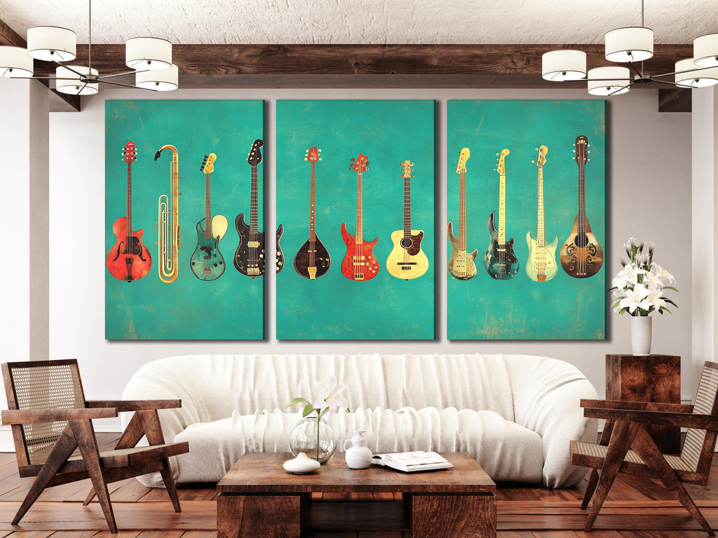 Gitaar wanddecoratie, muziekinstrumenten canvas print, gitaarcollectie kunstprint, cadeau voor muzikant, gitaarstudio decoratie, muziekkamer wanddecoratie