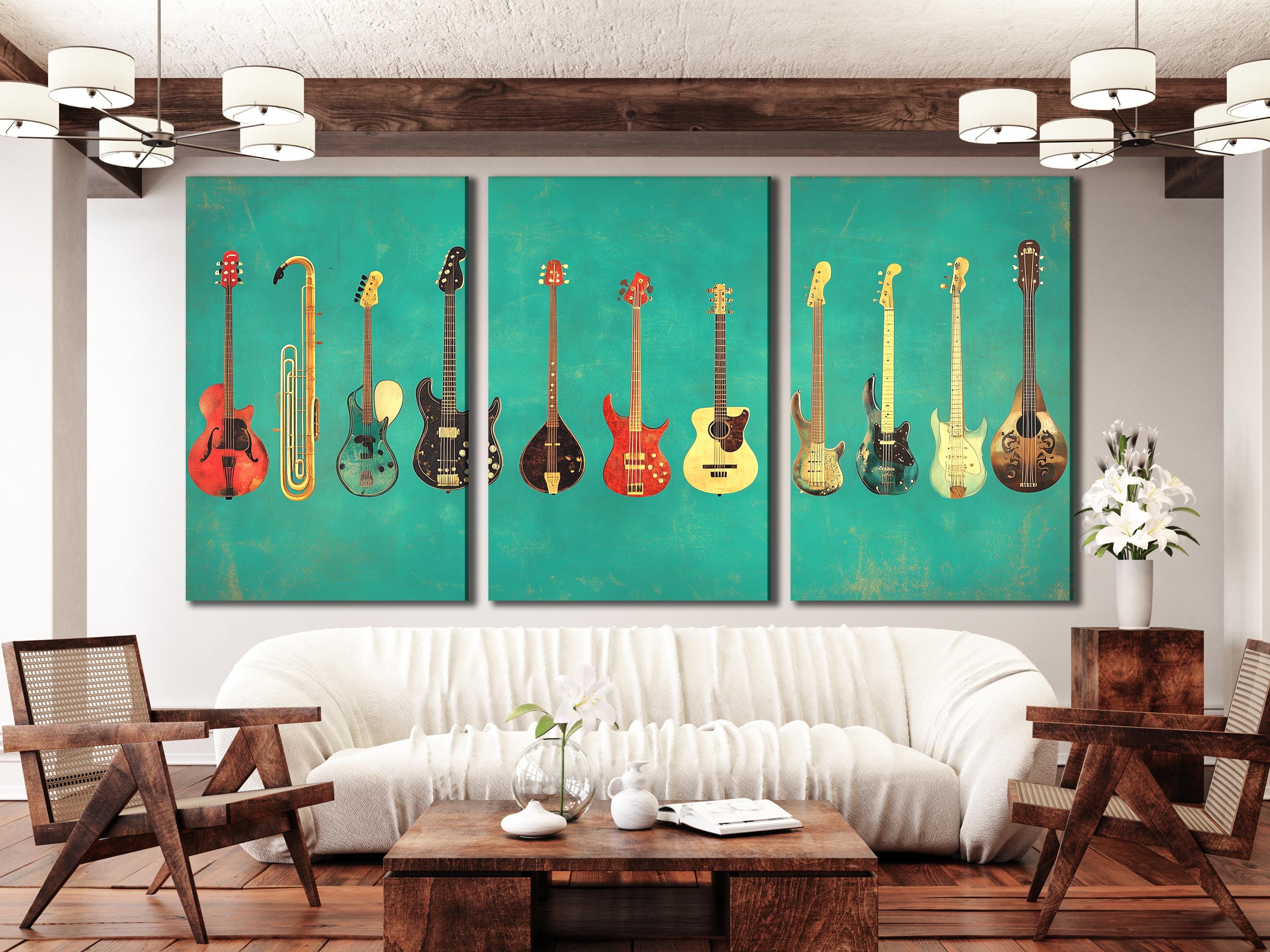 Gitaar wanddecoratie, muziekinstrumenten canvas print, gitaarcollectie kunstprint, cadeau voor muzikant, gitaarstudio decoratie, muziekkamer wanddecoratie