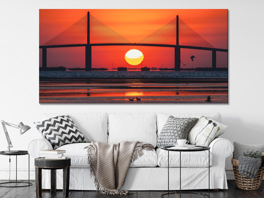 Sunshine Skyway Bridge Leinwanddruck, Tampa Bay Wandkunst, atemberaubendes Sonnenaufgang über dem Wasser Kunstwerk, übergroße Brücke Leinwand für Zuhause Wanddekoration