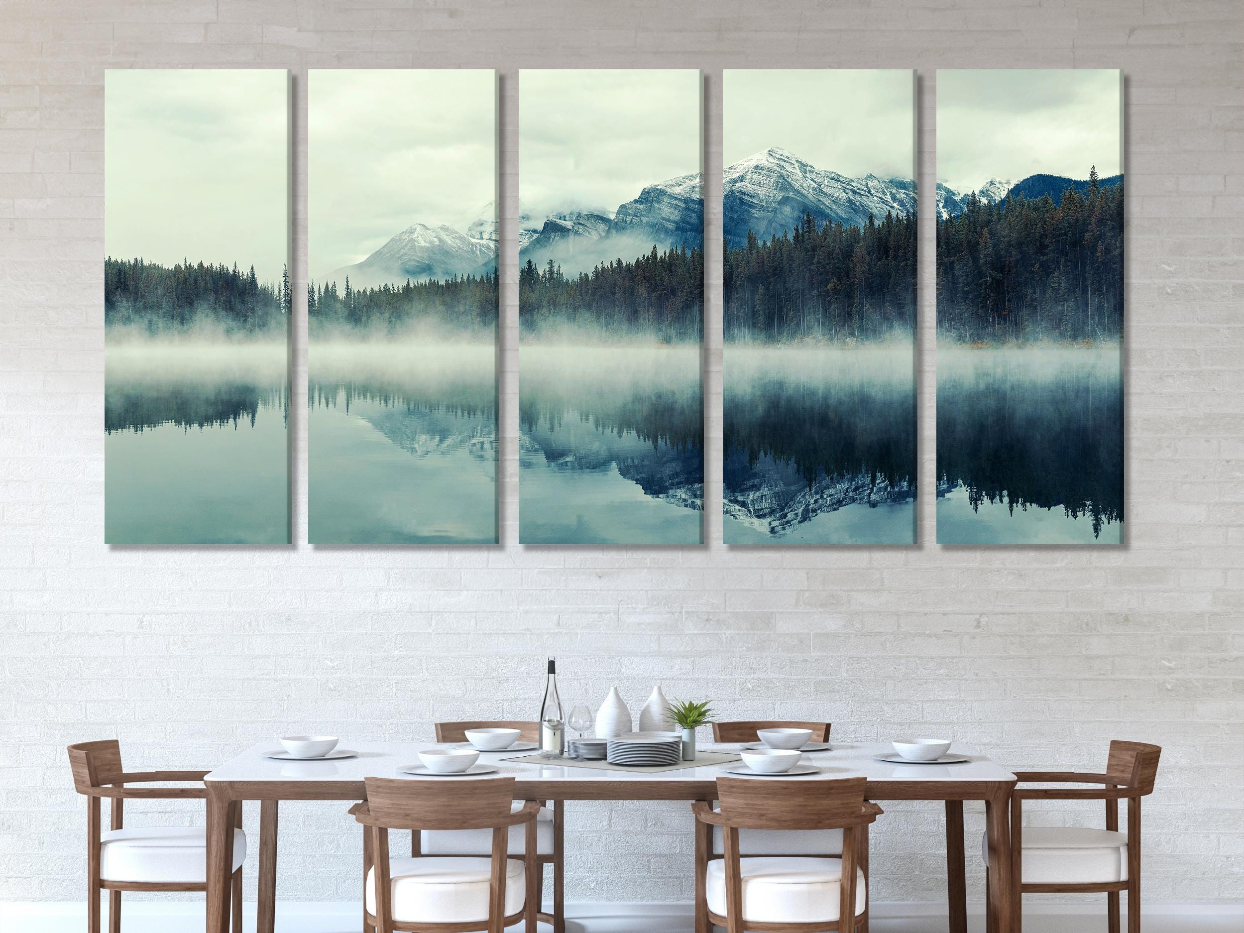 Lake Herbert Canvas Art - Foggy Morning Banff Wall Art, Glacial Mountain Artwork, Extra Large Canada Nature Canvas Art for Large Wall Decor