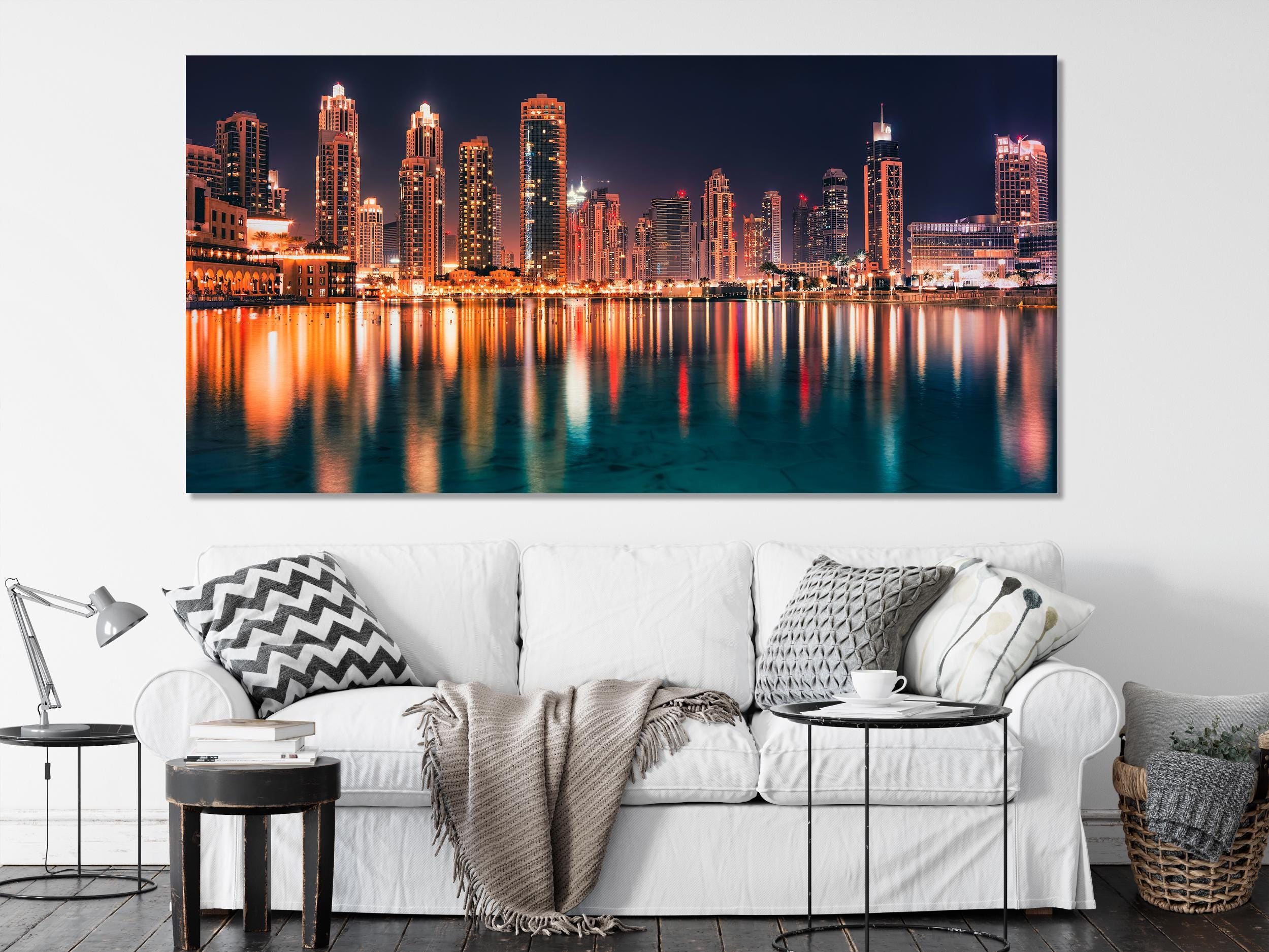 Dubai Skyline at Night Canvas Print – Vibrant Cityscape Wall Art, Modern Urban Dubai Artwork, Modern Cityscape Wall Art for Home & Office