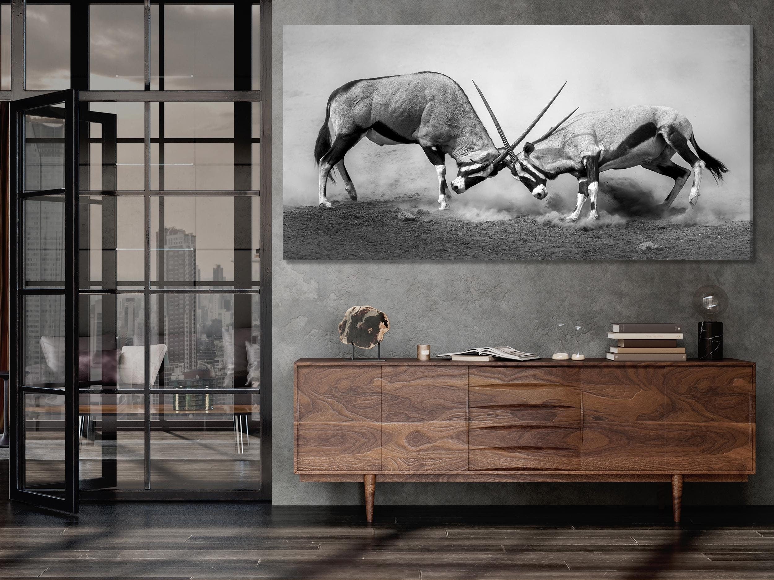 Large Black and White Gemsbok Canvas Print, African Wildlife Wall Art, Fighting Gemsbok Artwork, Oversized Nature Canvas for Modern Decor