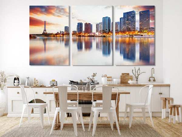 Triptych canvas of Paris skyline with Eiffel Tower at sunset