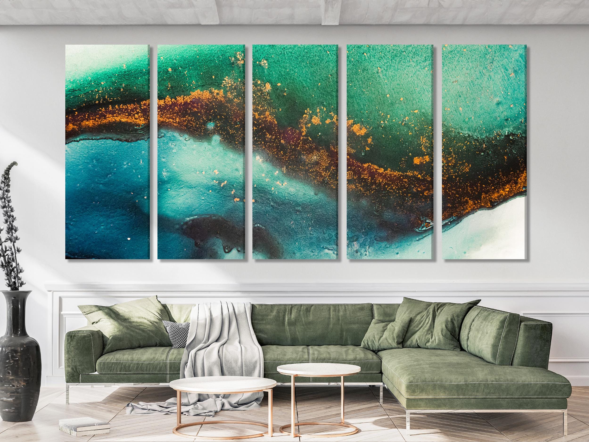 Teal blue and emerald green abstract multi‑panel canvas print with golden accent — Artoholica
