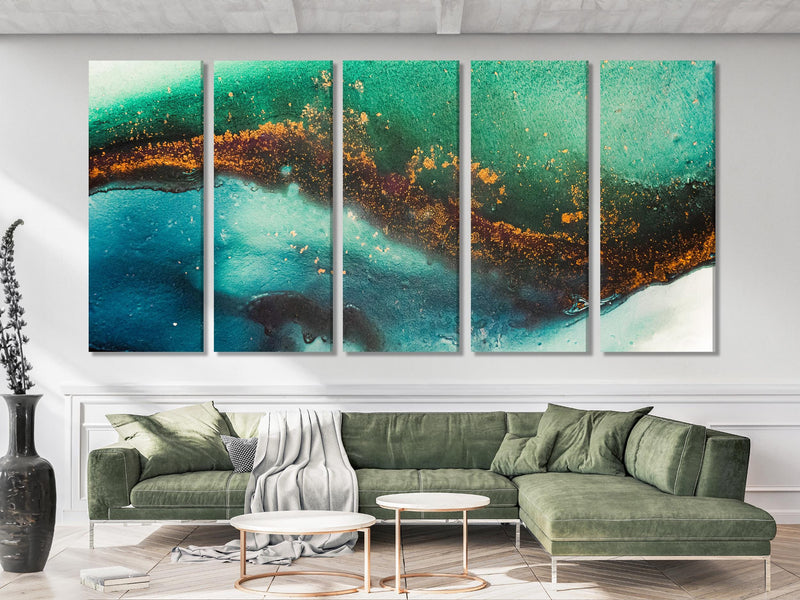 Teal and emerald multi‑panel abstract canvas set with gold accents