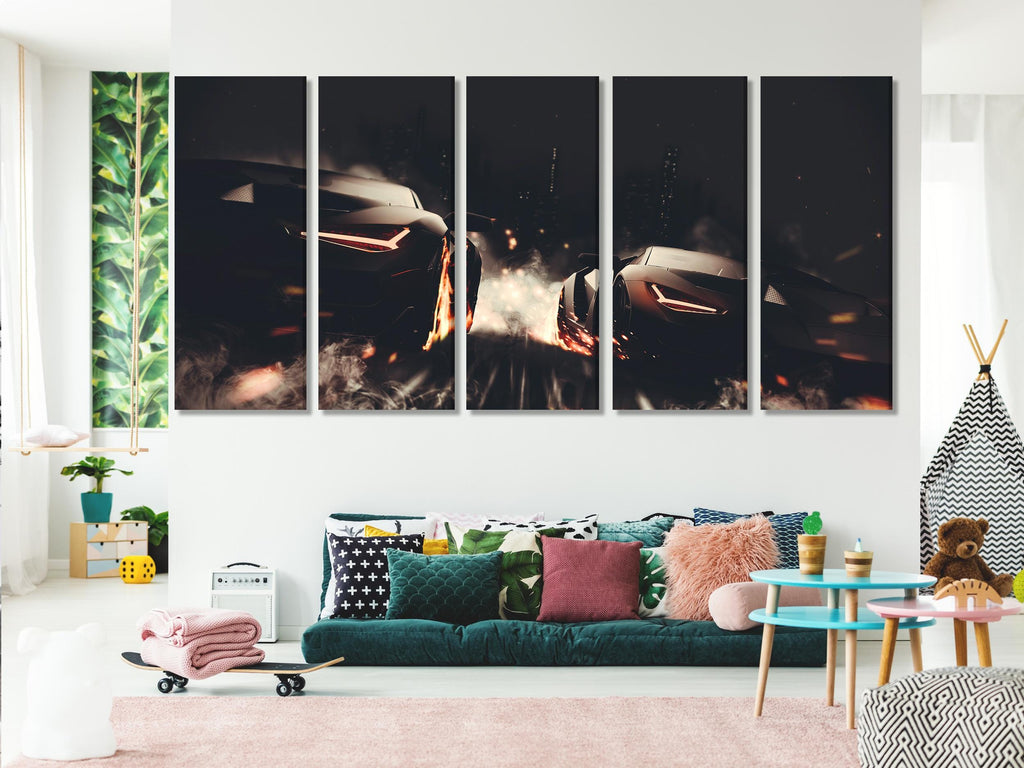 Supercar-Leinwanddruck, moderne Rennsport-Wandkunst, großes mehrteiliges Kunstwerk, Sportwagen-Kunstdruck, dynamische Wanddekoration für Zuhause